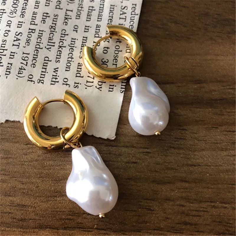 Baroque Pearl Drop Earrings with Gold Circle Ear Clip