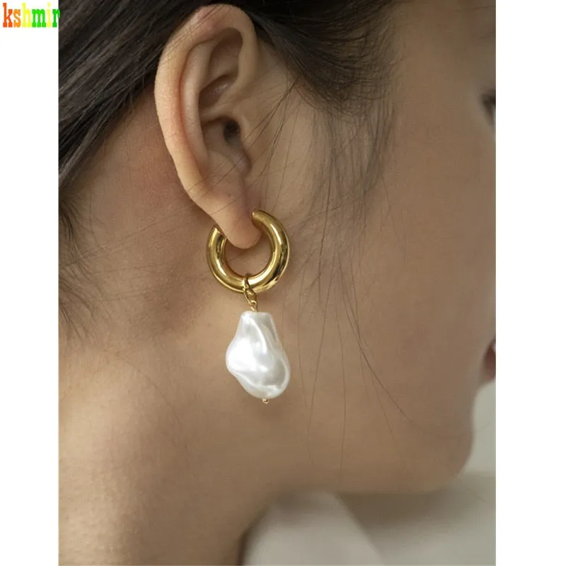 Baroque Pearl Drop Earrings with Gold Circle Ear Clip
