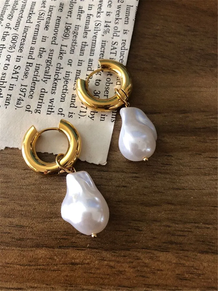 Baroque Pearl Drop Earrings with Gold Circle Ear Clip