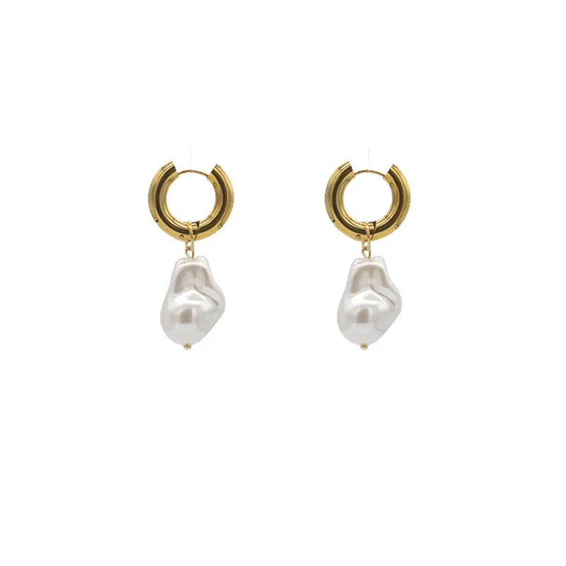 Baroque Pearl Drop Earrings with Gold Circle Ear Clip
