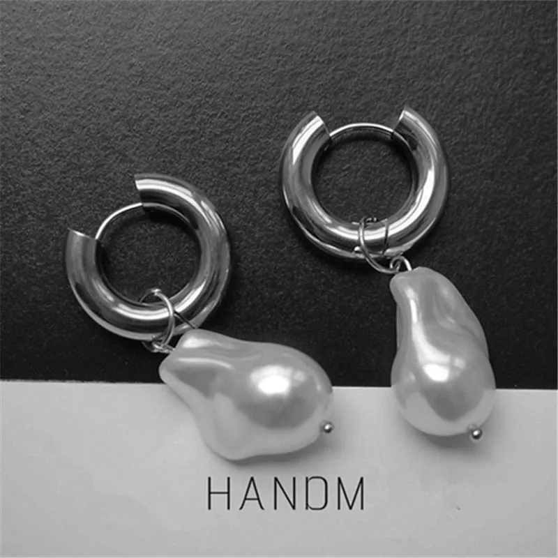 Baroque Pearl Drop Earrings with Gold Circle Ear Clip