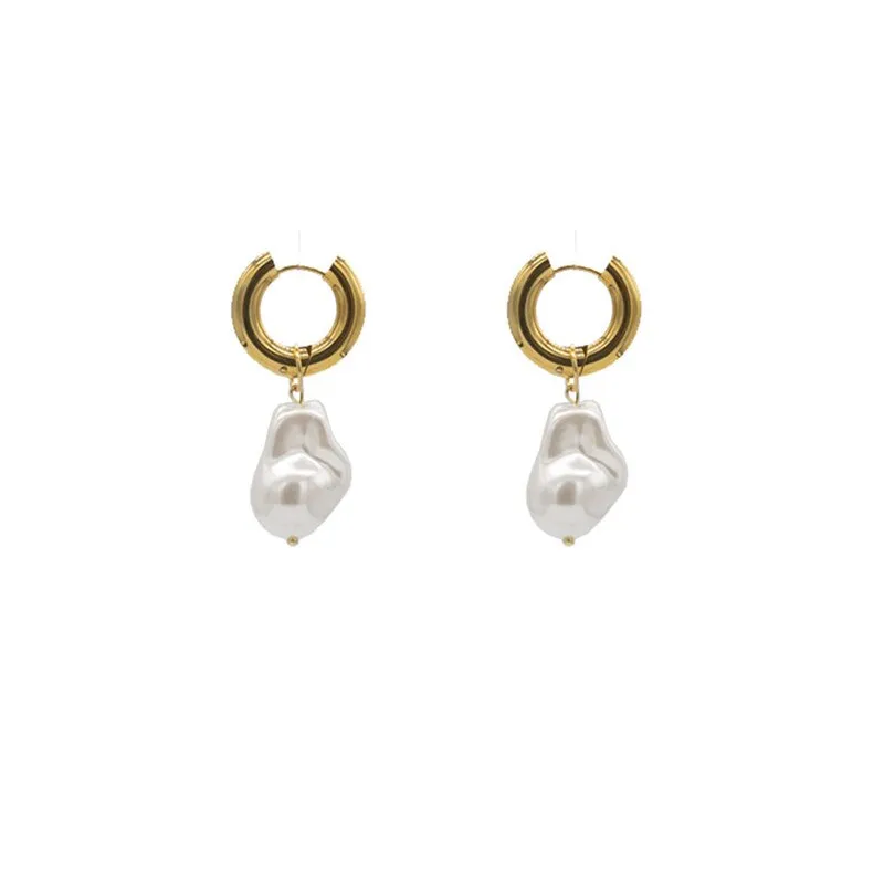 Baroque Pearl Drop Earrings with Gold Circle Ear Clip