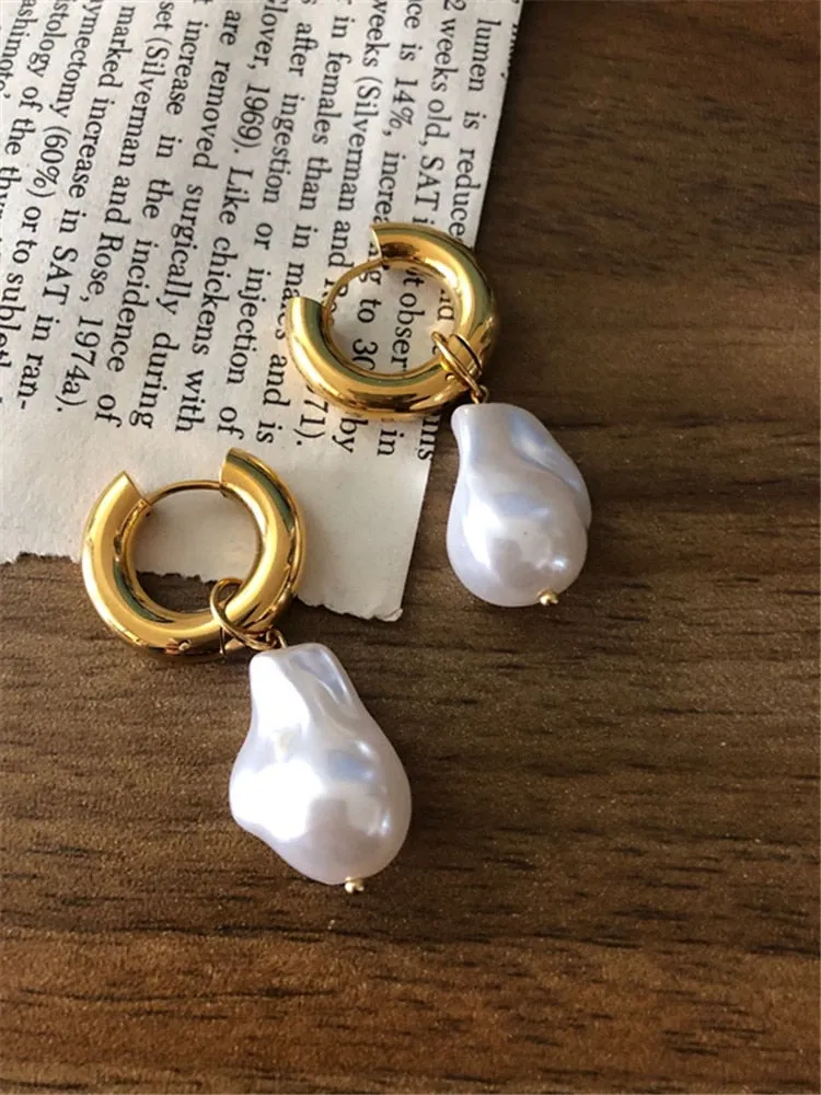 Baroque Pearl Drop Earrings with Gold Circle Ear Clip