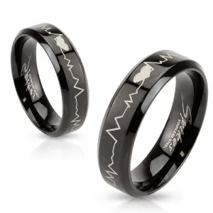 Beautiful Black Stainless Steel Band Ring with Laser Etched Heartbeat. Couple Ring.