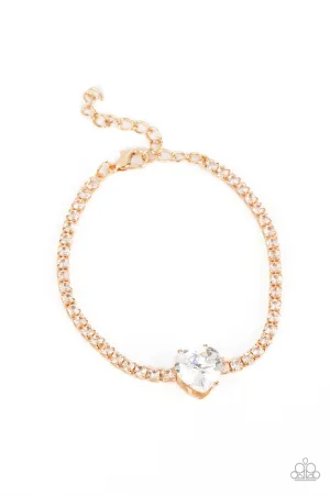 Bedazzled Beauty - Gold - White Heart Gem and Rhinestone Paparazzi Lobster Claw Bracelet