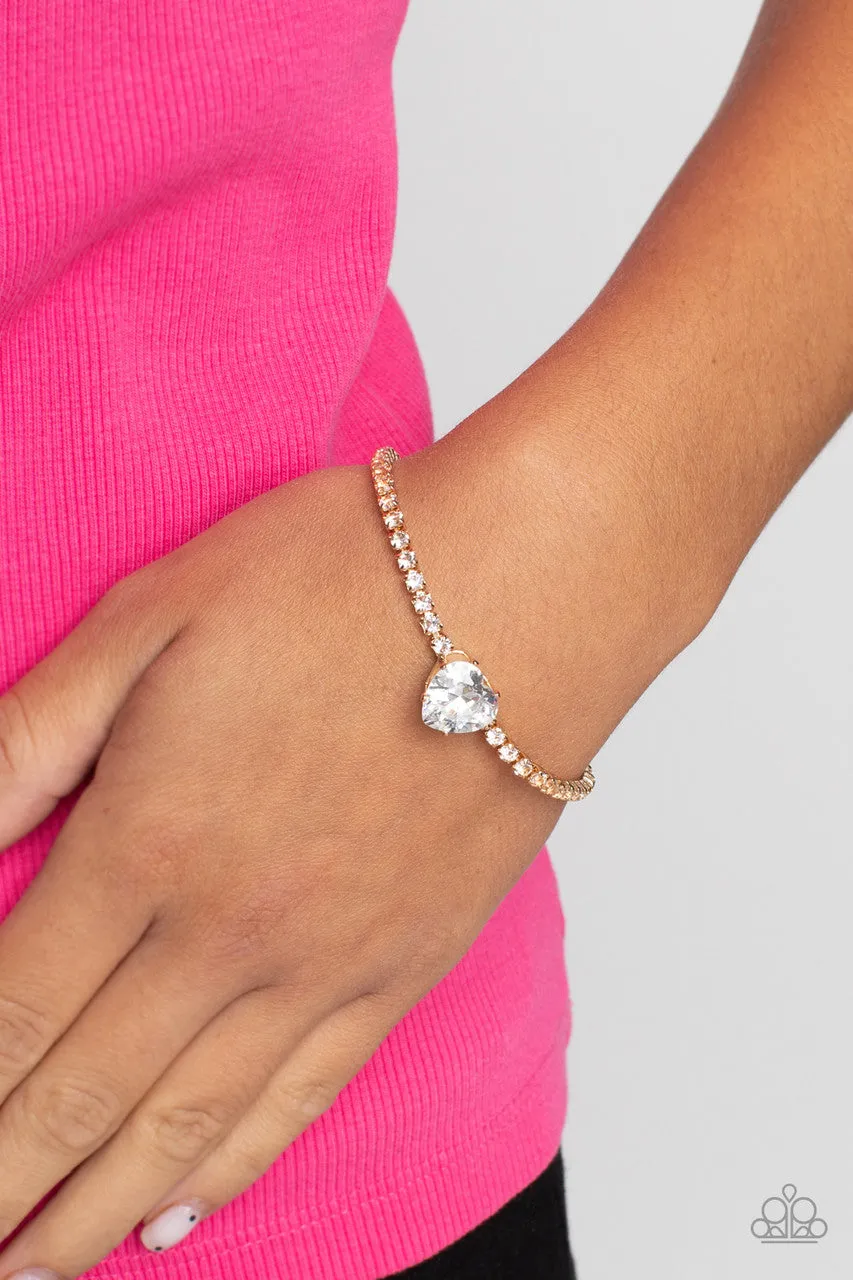 Bedazzled Beauty - Gold - White Heart Gem and Rhinestone Paparazzi Lobster Claw Bracelet