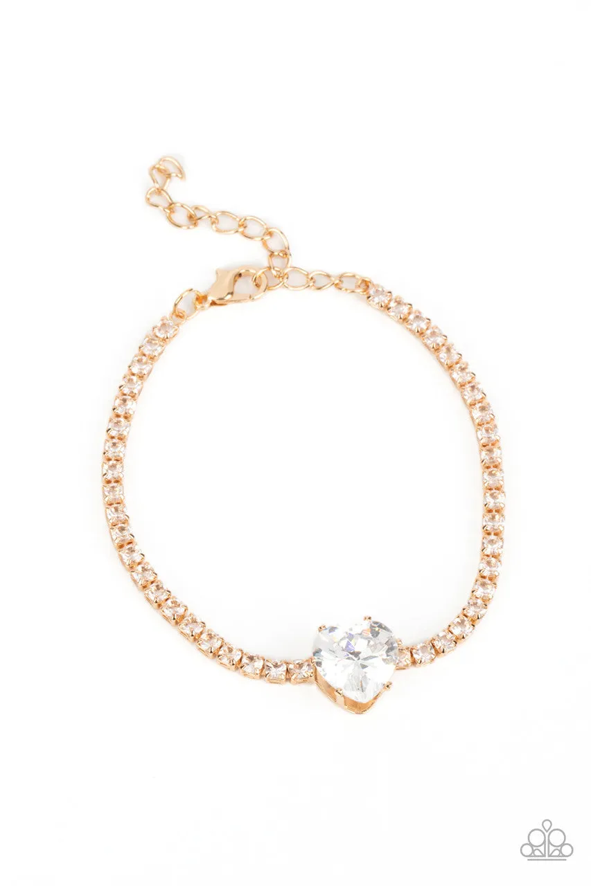 Bedazzled Beauty - Gold - White Heart Gem and Rhinestone Paparazzi Lobster Claw Bracelet