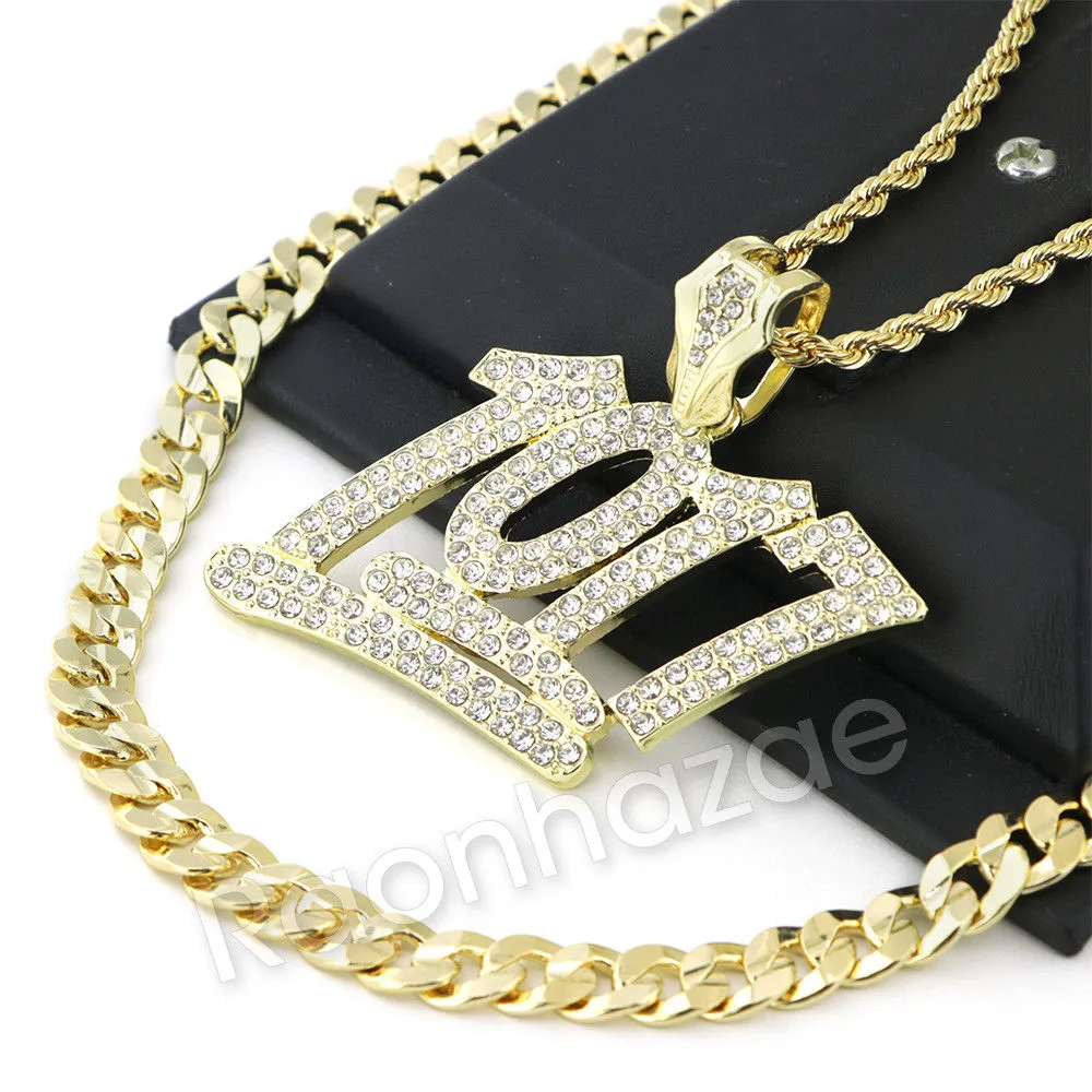 BIG NUMBER 1017 CHARM ROPE CHAIN DIAMOND CUT CUBAN CHAIN NECKLACE G61