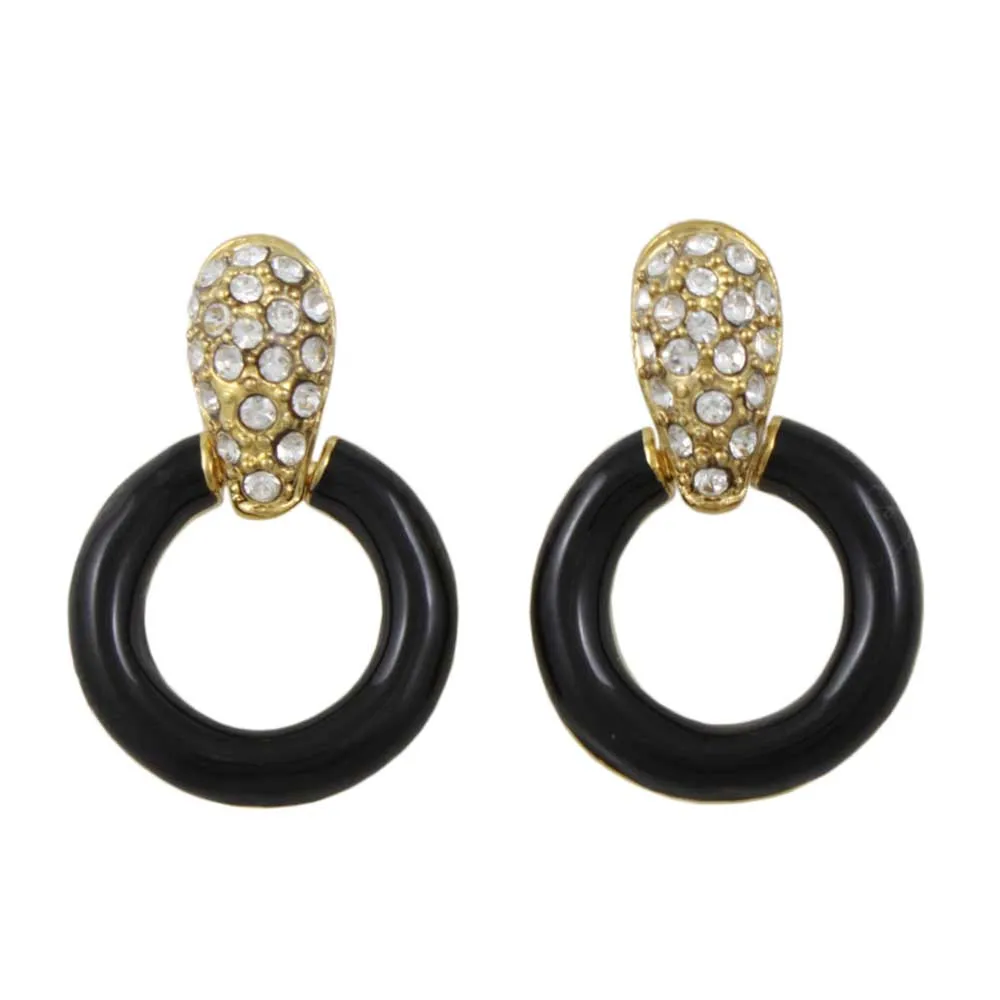 Black and Crystal Doorknocker Clip Earring in Gold- REE829C