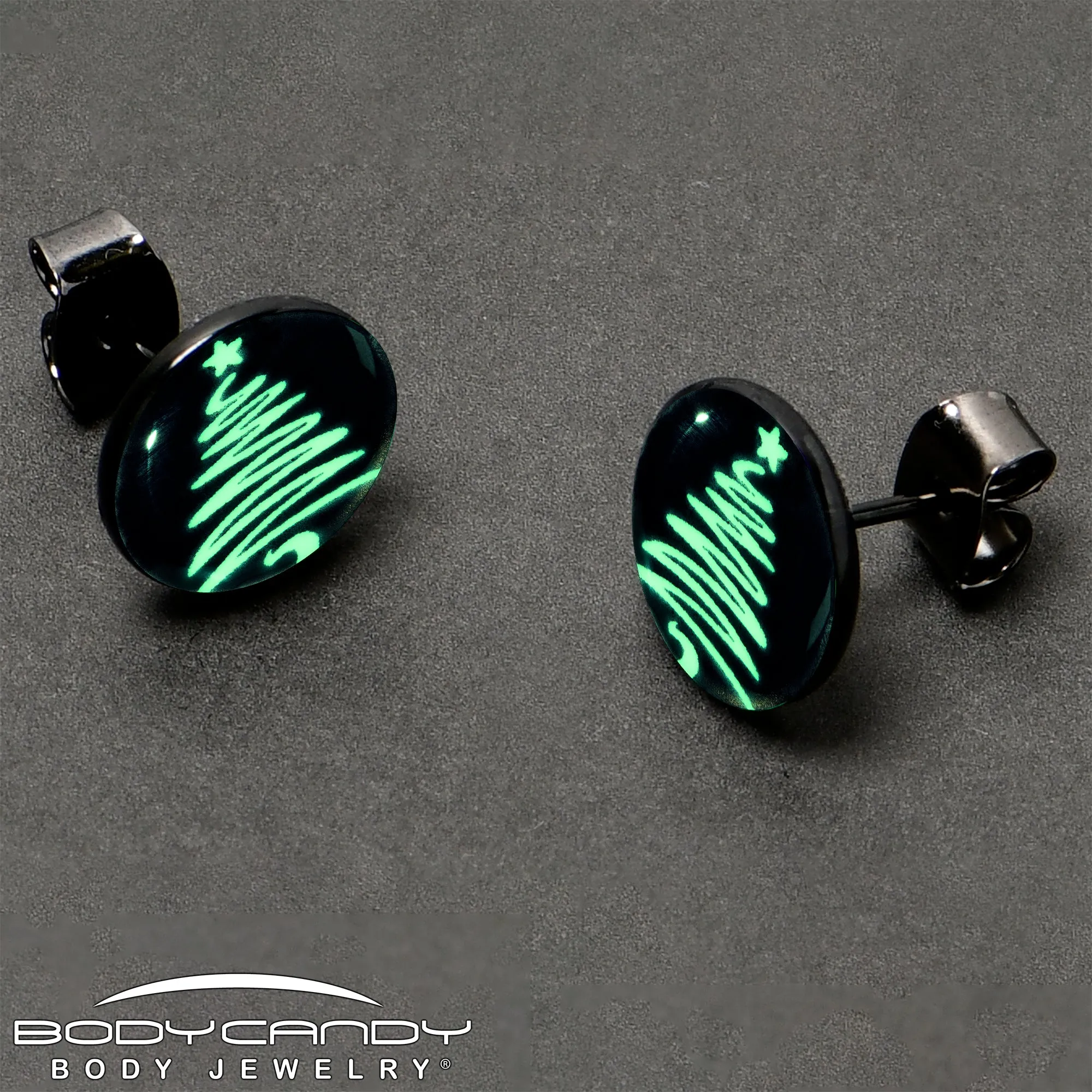 Black Anodized Glow in the Dark Holiday Christmas Tree Stud Earrings