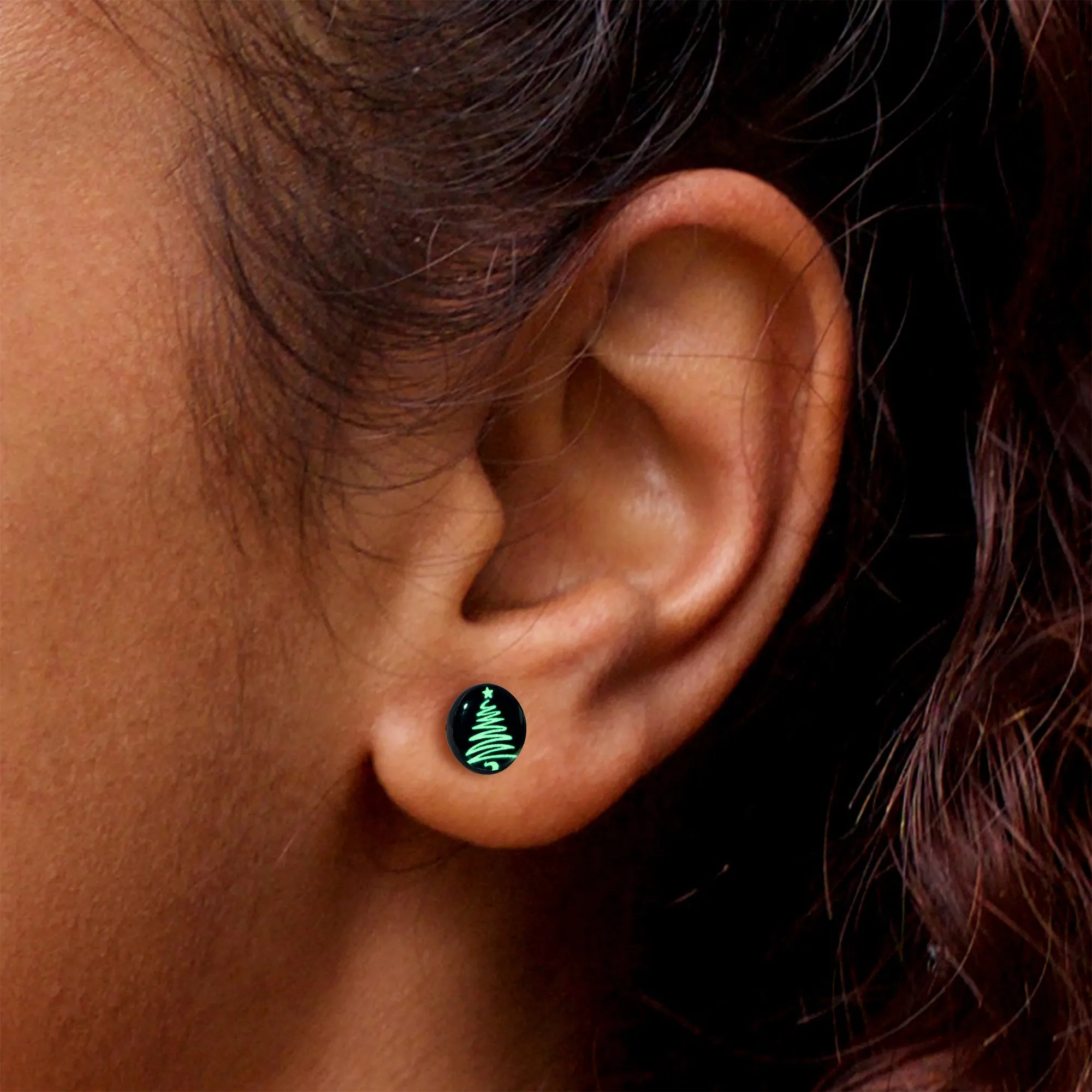 Black Anodized Glow in the Dark Holiday Christmas Tree Stud Earrings