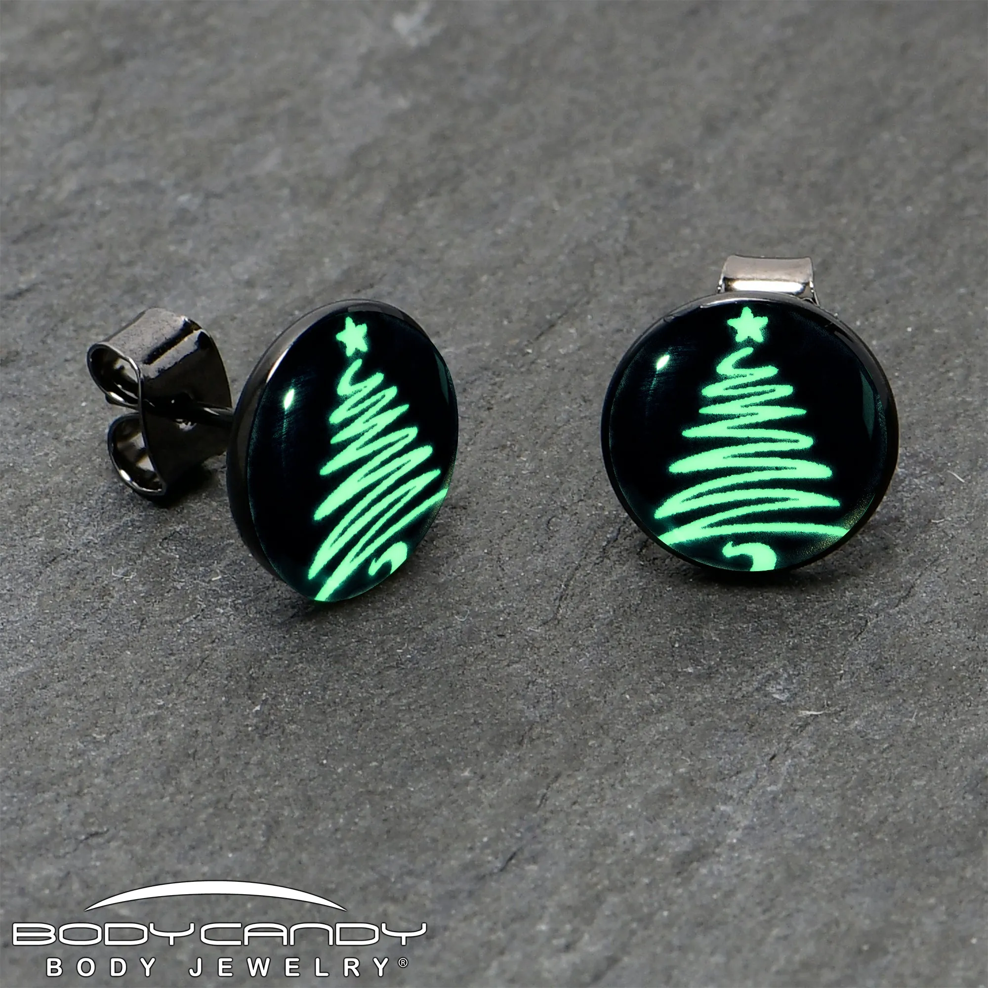 Black Anodized Glow in the Dark Holiday Christmas Tree Stud Earrings