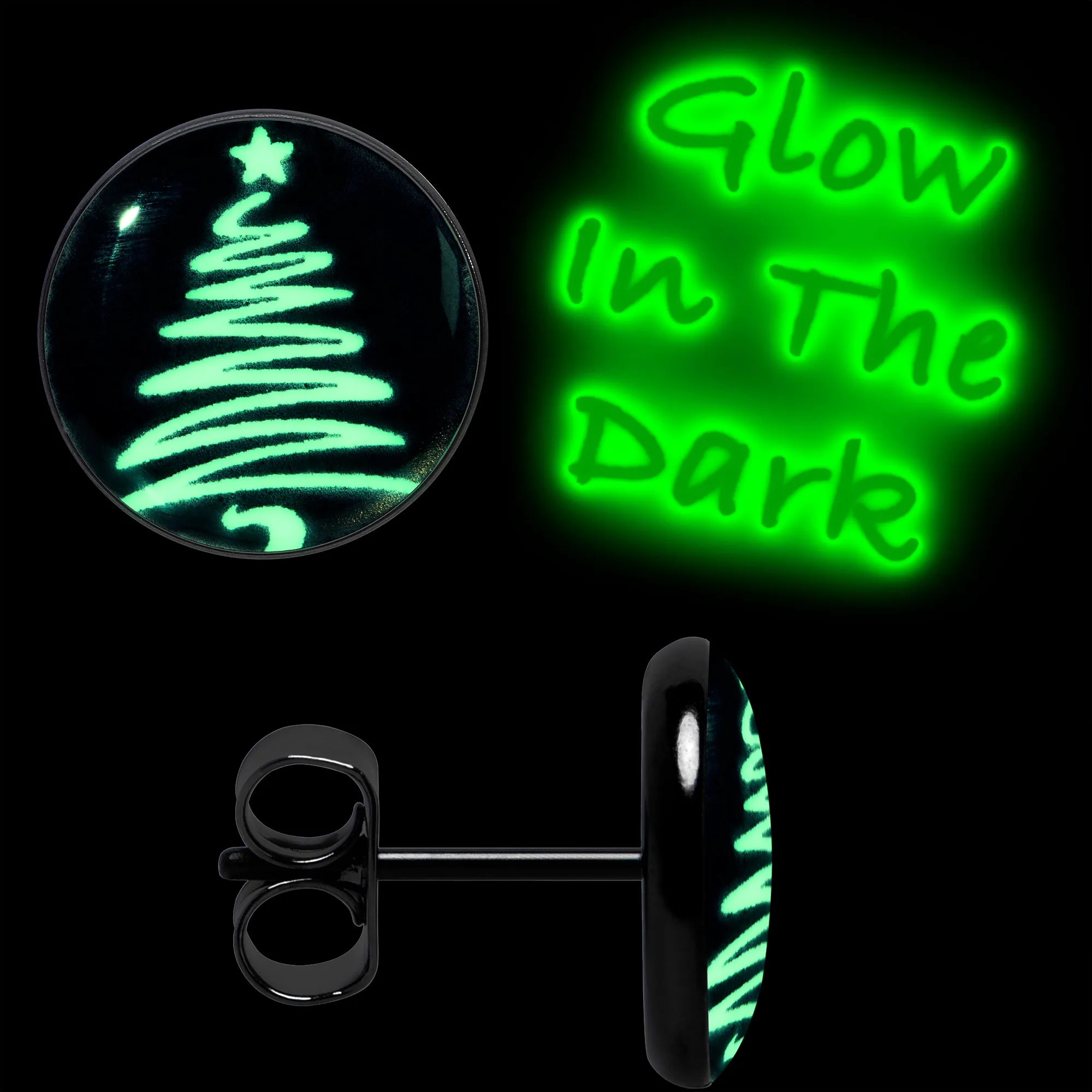Black Anodized Glow in the Dark Holiday Christmas Tree Stud Earrings