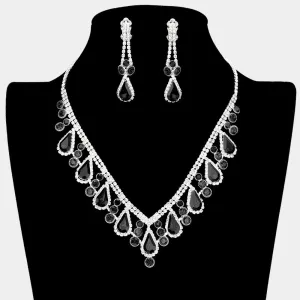 Black Teardrop and Rhinestone Necklace with Clip On Earrings | Prom Jewelry |  418994