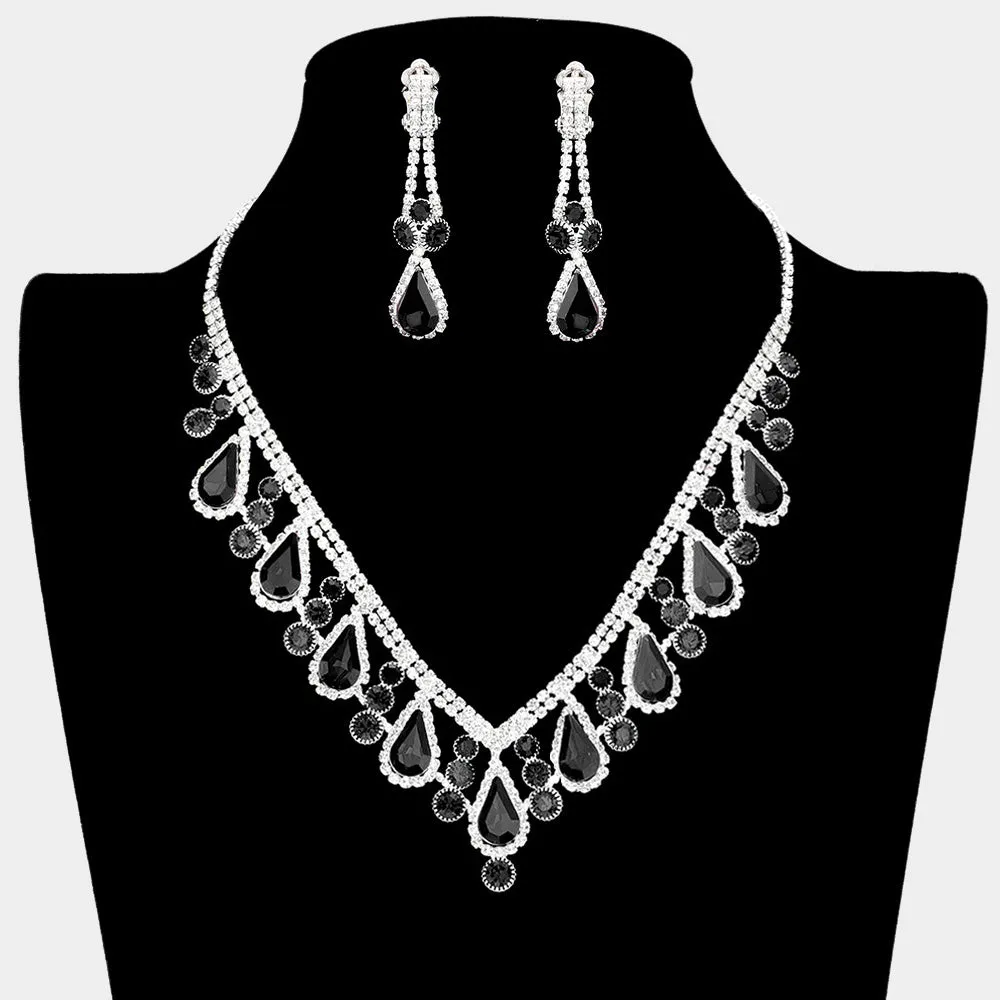 Black Teardrop and Rhinestone Necklace with Clip On Earrings | Prom Jewelry |  418994