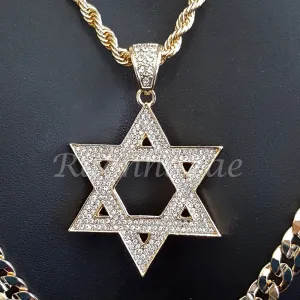 BLING DAVID STAR ROPE CHAIN DIAMOND CUT 30" CUBAN CHAIN NECKLACE SET 36