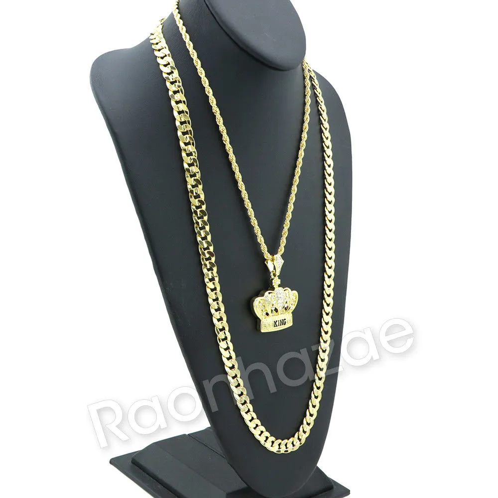 BLING KING CROWN CHARM ROPE CHAIN DIAMOND CUT CUBAN CHAIN NECKLACE G70