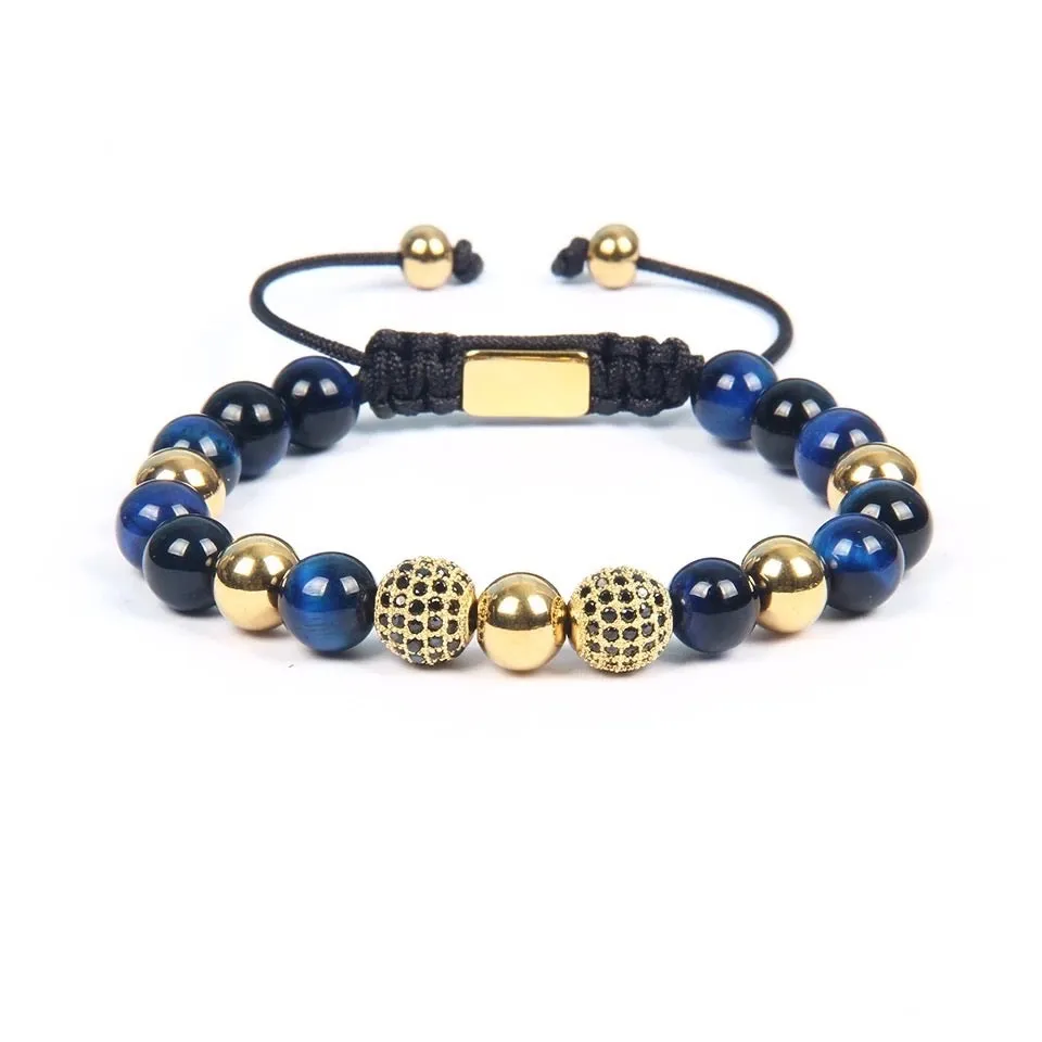 Blue Tiger Eye & CZ Gold Beads Bracelet