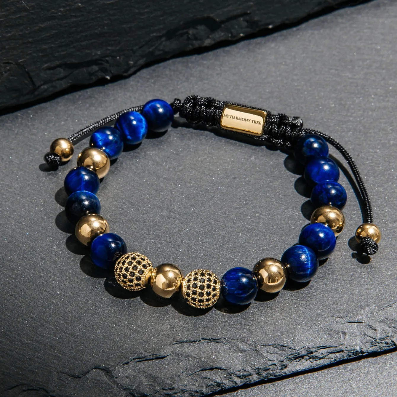 Blue Tiger Eye & CZ Gold Beads Bracelet