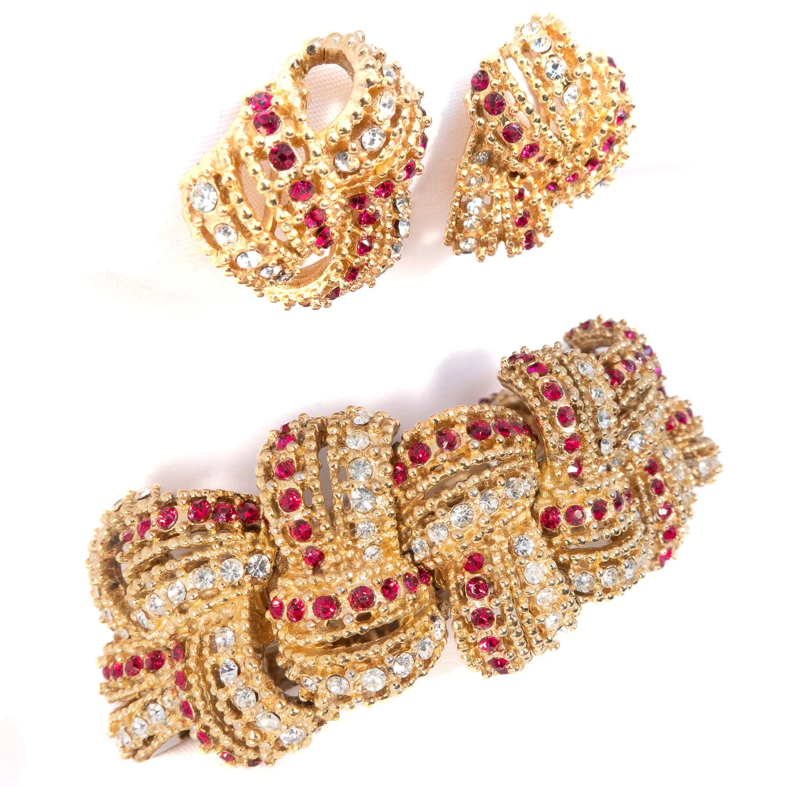 Boucher Red Rhinestone Bracelet and Earrings Set