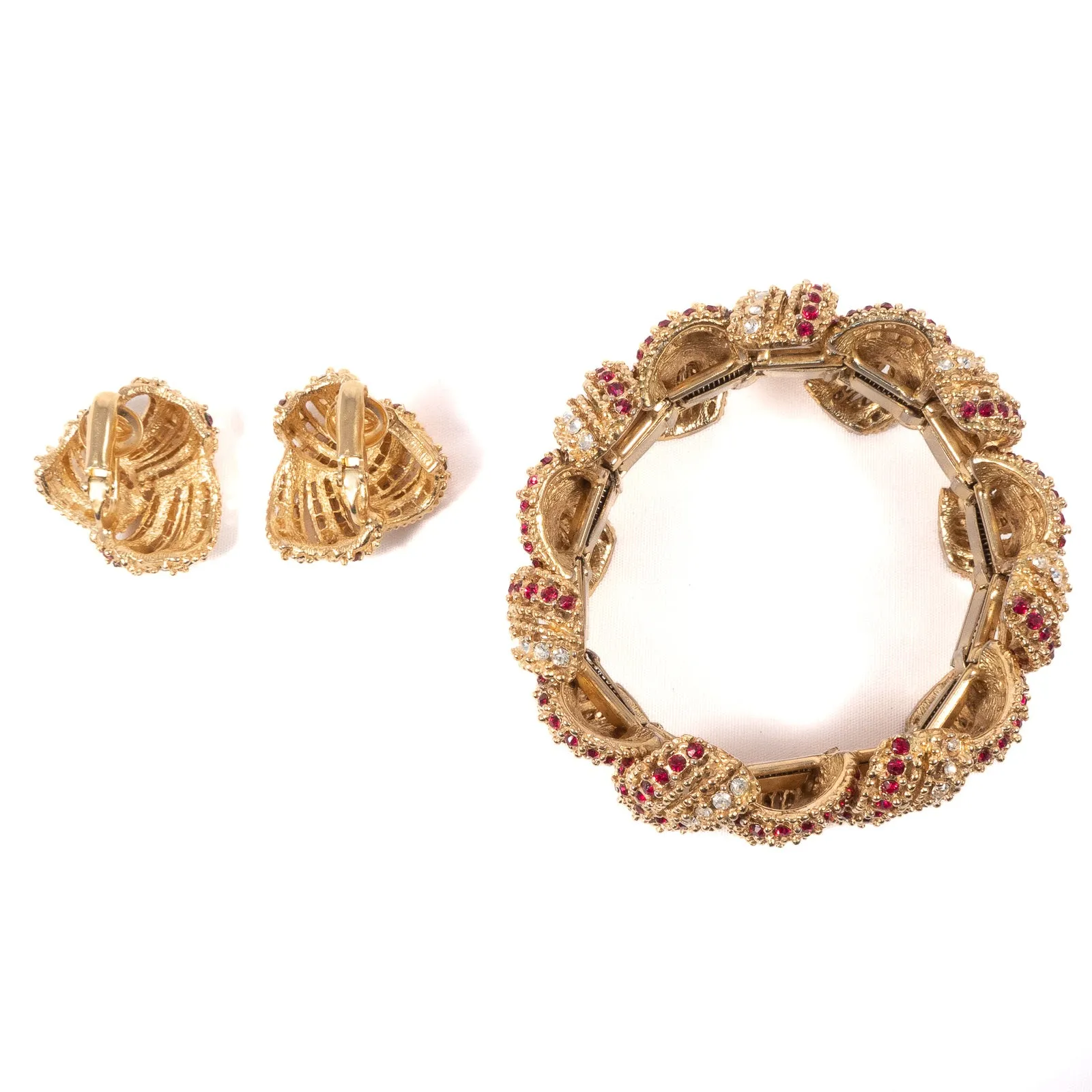 Boucher Red Rhinestone Bracelet and Earrings Set