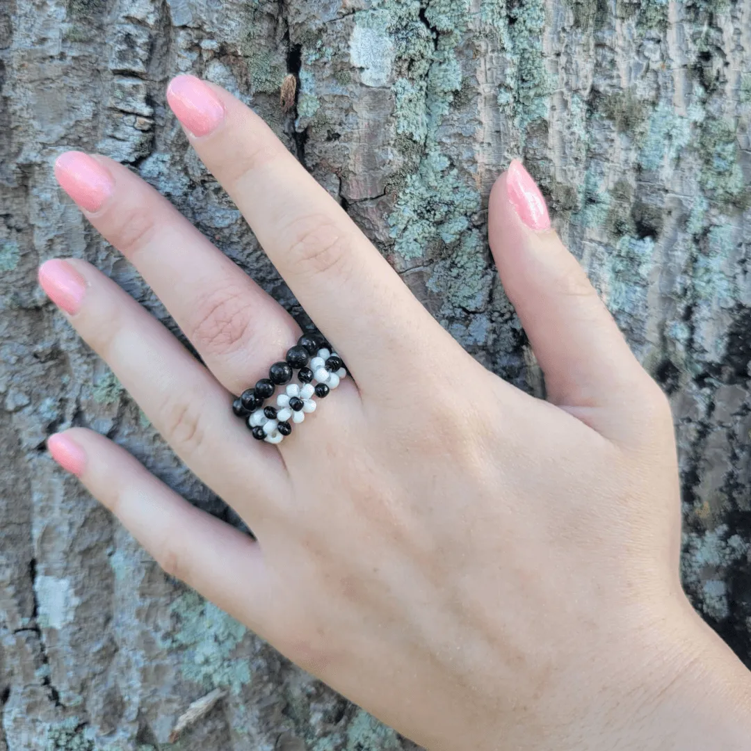 Bundle: Shungite & Flower Stretch Ring | 5G EMF Protection | Medium (6.5 - 8.5)