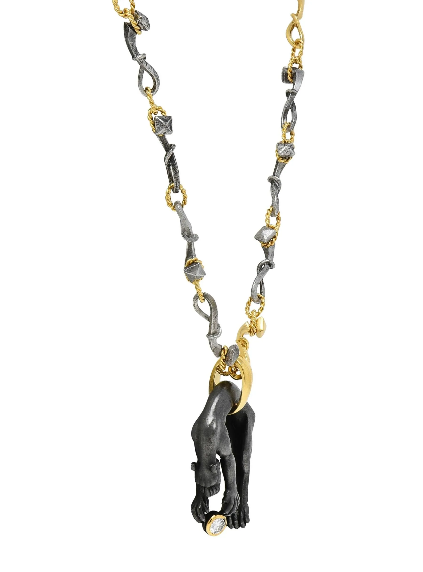 Carrera y Carrera 2000s Diamond Anodized Steel 18 Karat Yellow Gold Panther Pendant Necklace