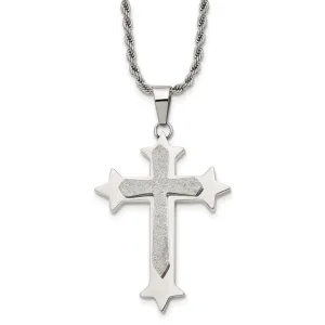 Chisel Stainless Steel Polished and Laser Cut Cross Pendant on a 24 inch Rope Chain Necklace
