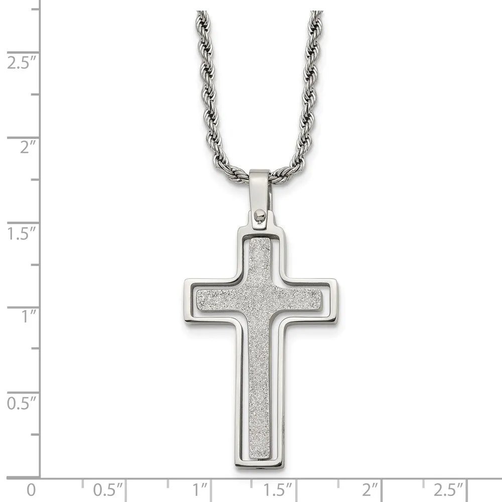 Chisel Stainless Steel Polished and Laser Cut Moveable Cross Pendant on a 22 inch Rope Chain Necklace