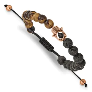 Chisel Stainless Steel Polished Rose IP-plated Hamsa Lava Stone and Tiger's Eye Black Macrame Adjustable Bracelet