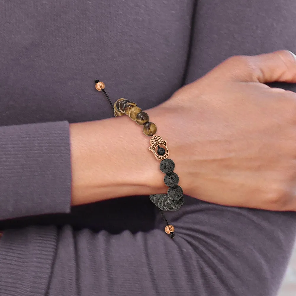 Chisel Stainless Steel Polished Rose IP-plated Hamsa Lava Stone and Tiger's Eye Black Macrame Adjustable Bracelet