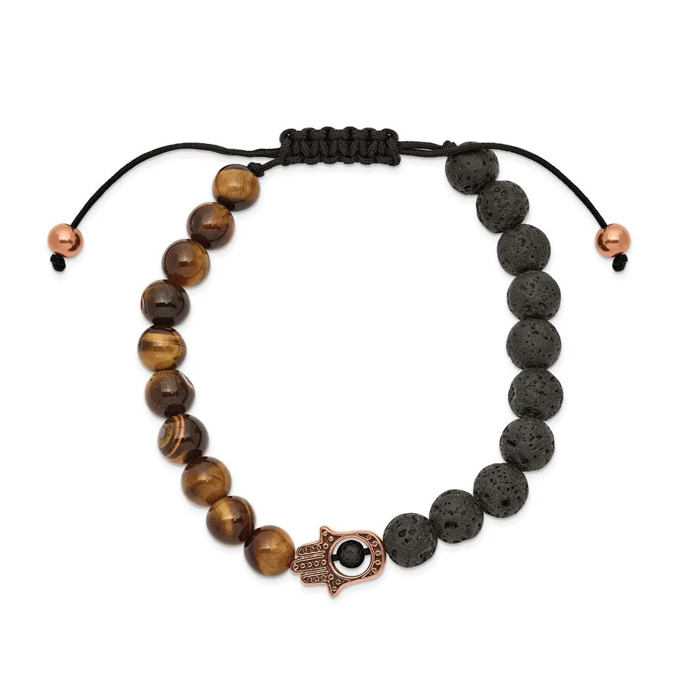 Chisel Stainless Steel Polished Rose IP-plated Hamsa Lava Stone and Tiger's Eye Black Macrame Adjustable Bracelet
