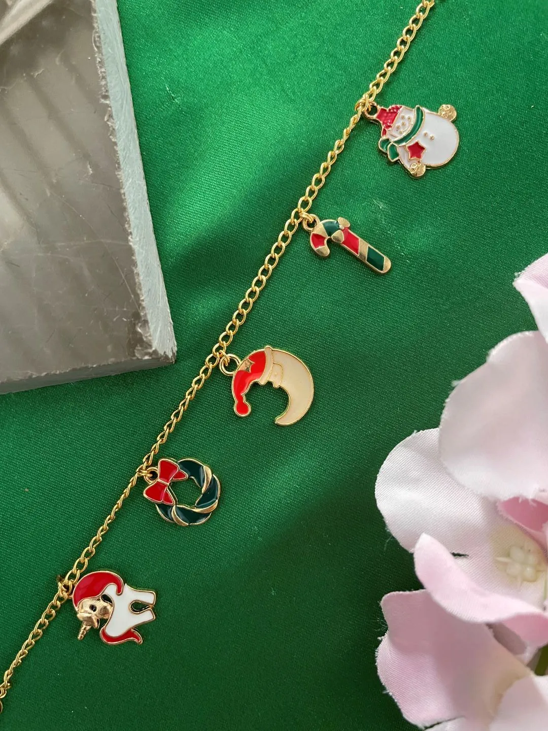 Christmas Gold-Plated Bracelet with Snowman, CandyCane, Unicorn, Wreath, Santa Claus Charms