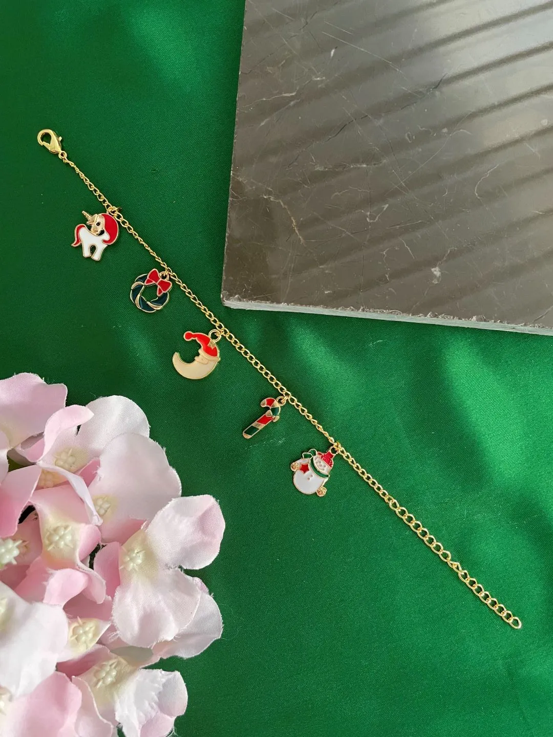 Christmas Gold-Plated Bracelet with Snowman, CandyCane, Unicorn, Wreath, Santa Claus Charms