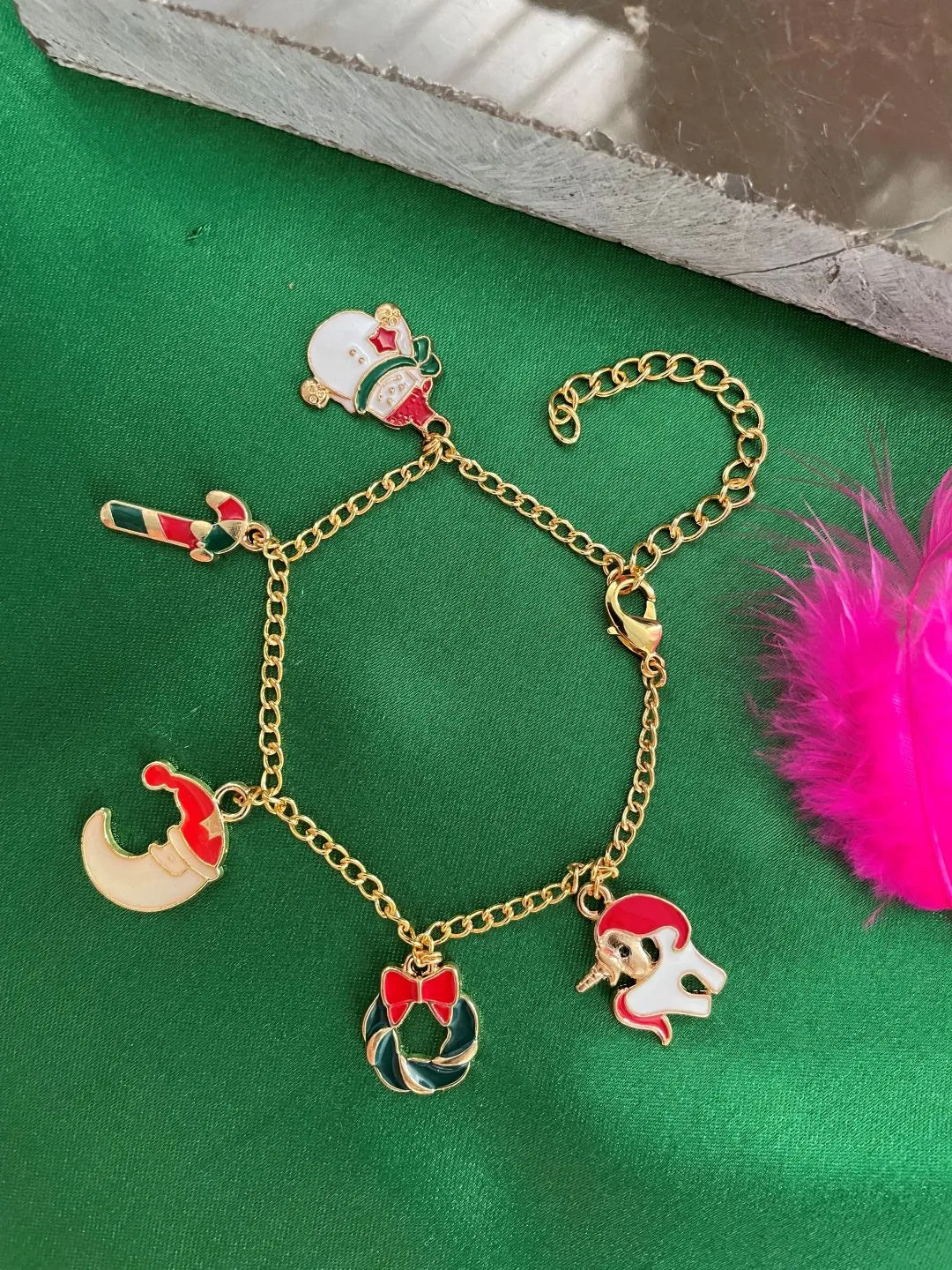 Christmas Gold-Plated Bracelet with Snowman, CandyCane, Unicorn, Wreath, Santa Claus Charms