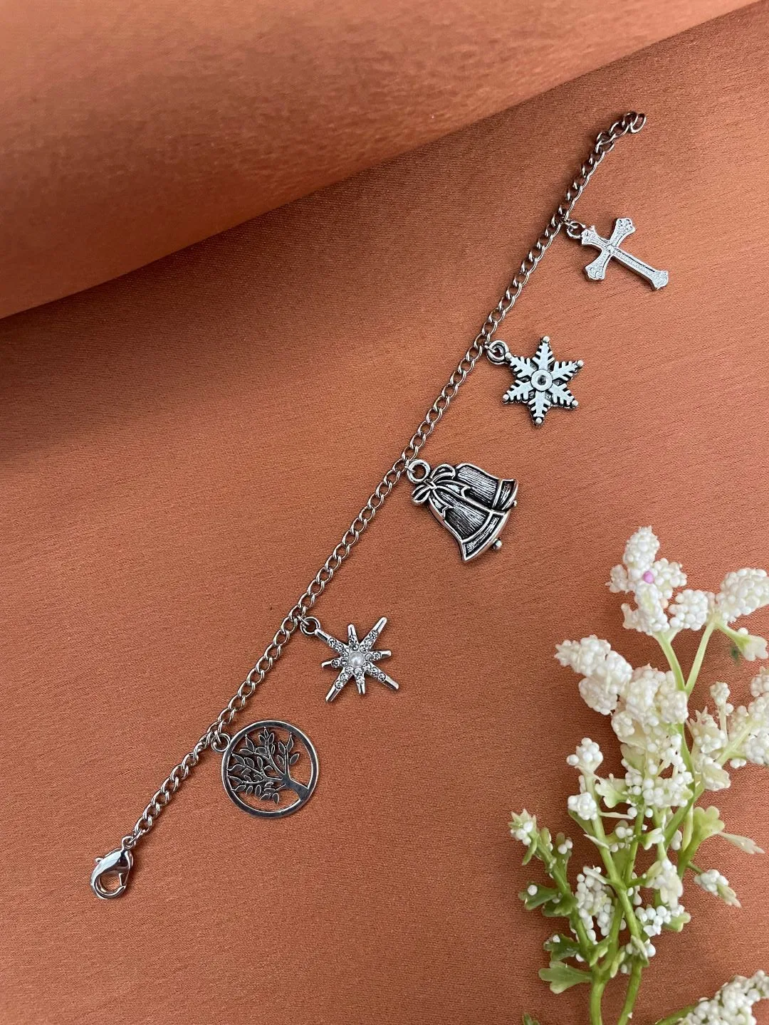 Christmas Silver Plated Bracelet with Tree of Life, SnowFlake, Jingle Bells, Stars & Cross Charm