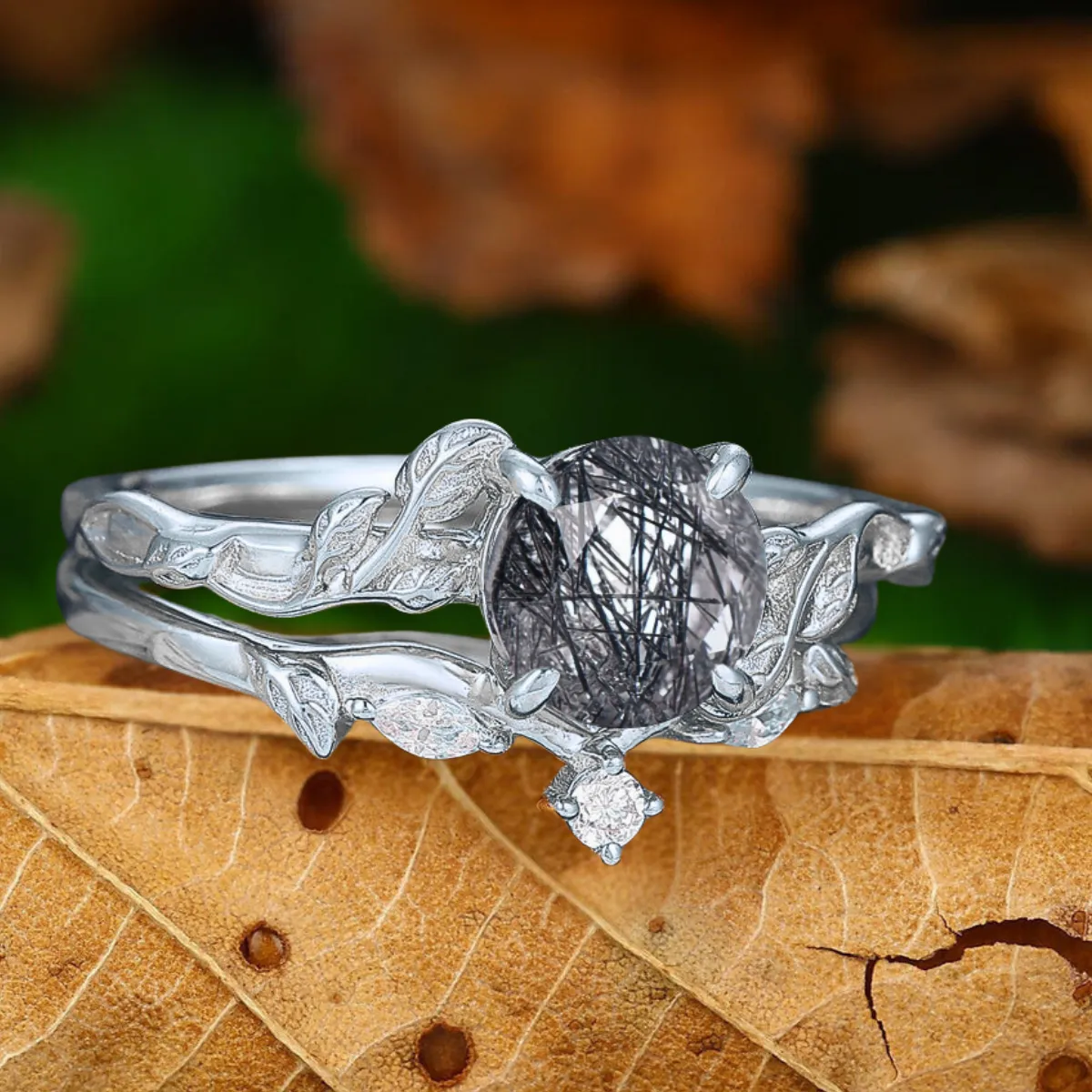 Classic Black Rutilated Quartz Leaf His And Hers Wedding Band Matching Tungsten Promise Engagement Couple Rings