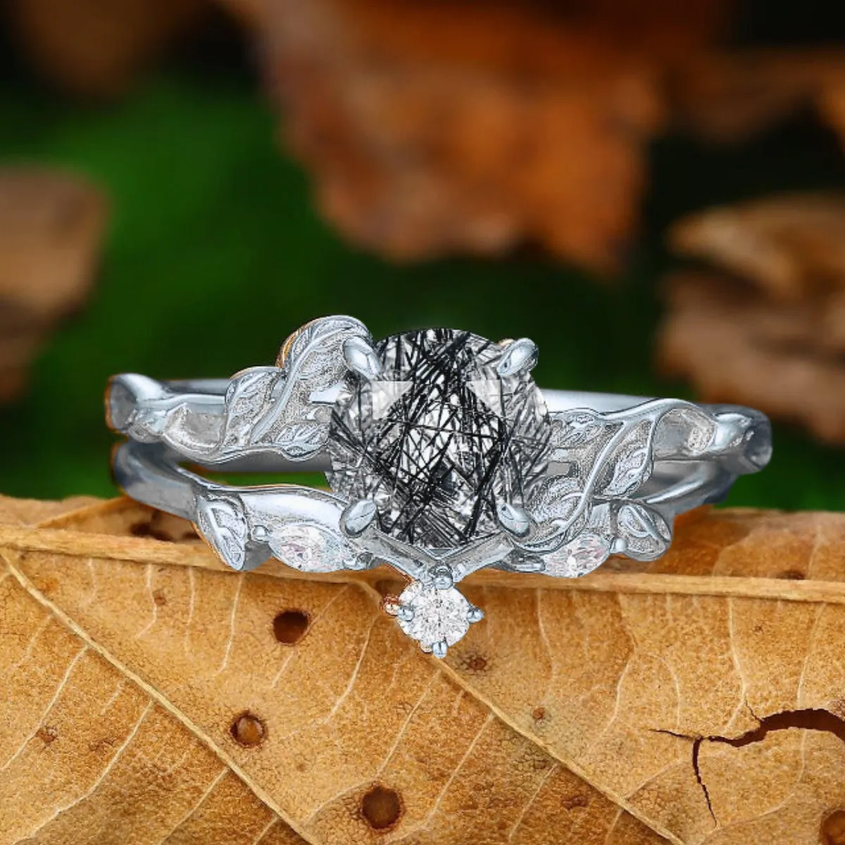 Classic Black Rutilated Quartz Leaf His And Hers Wedding Band Matching Tungsten Promise Engagement Couple Rings