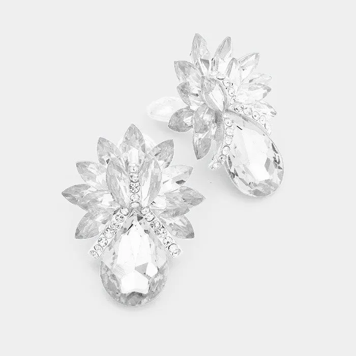 Clear Crystal Petal Teardrop Clip On Pageant Earrings  | Prom Earrings | 228157