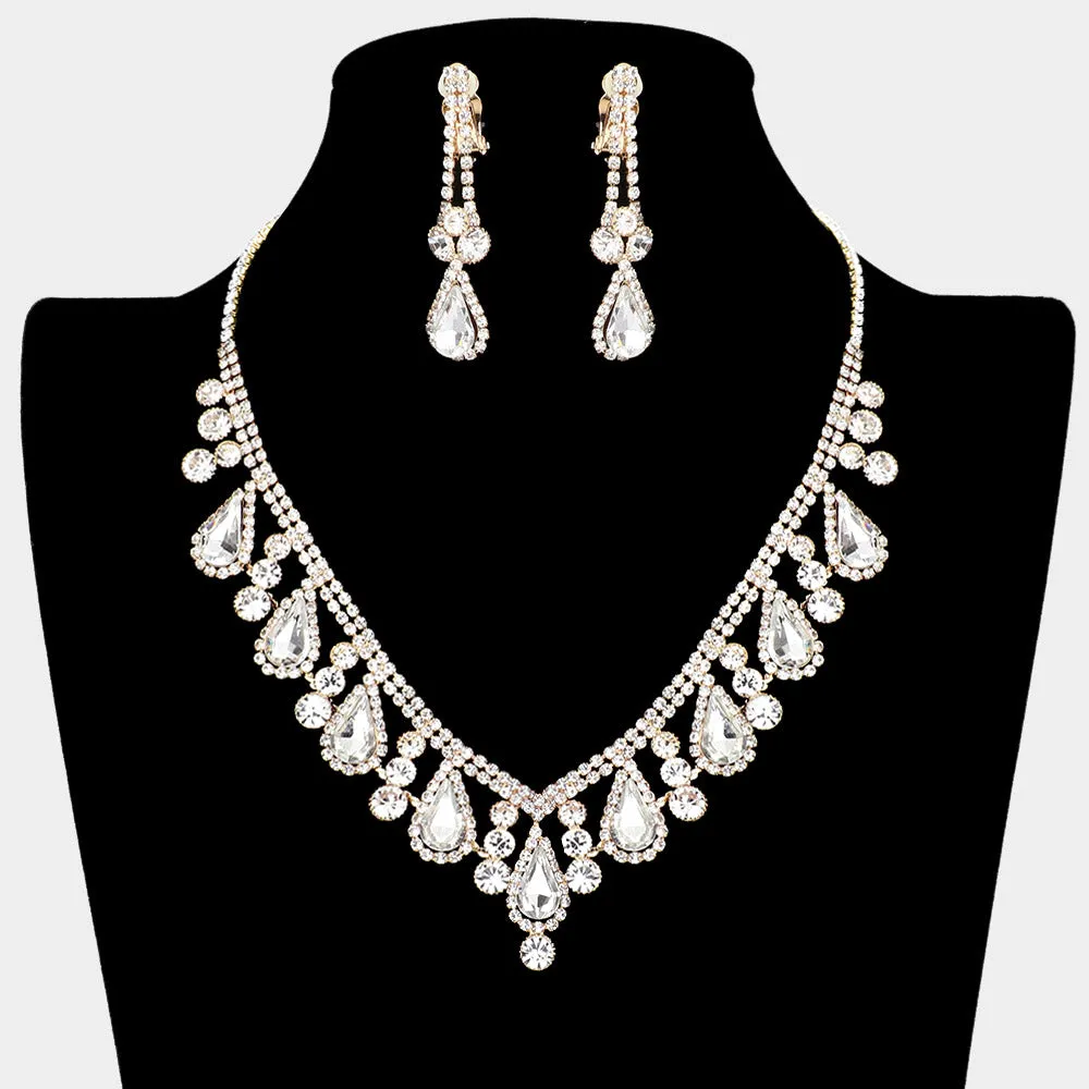Clear Teardrop and Rhinestone Necklace with Clip On Earrings on Gold  | Prom Jewelry |  418997