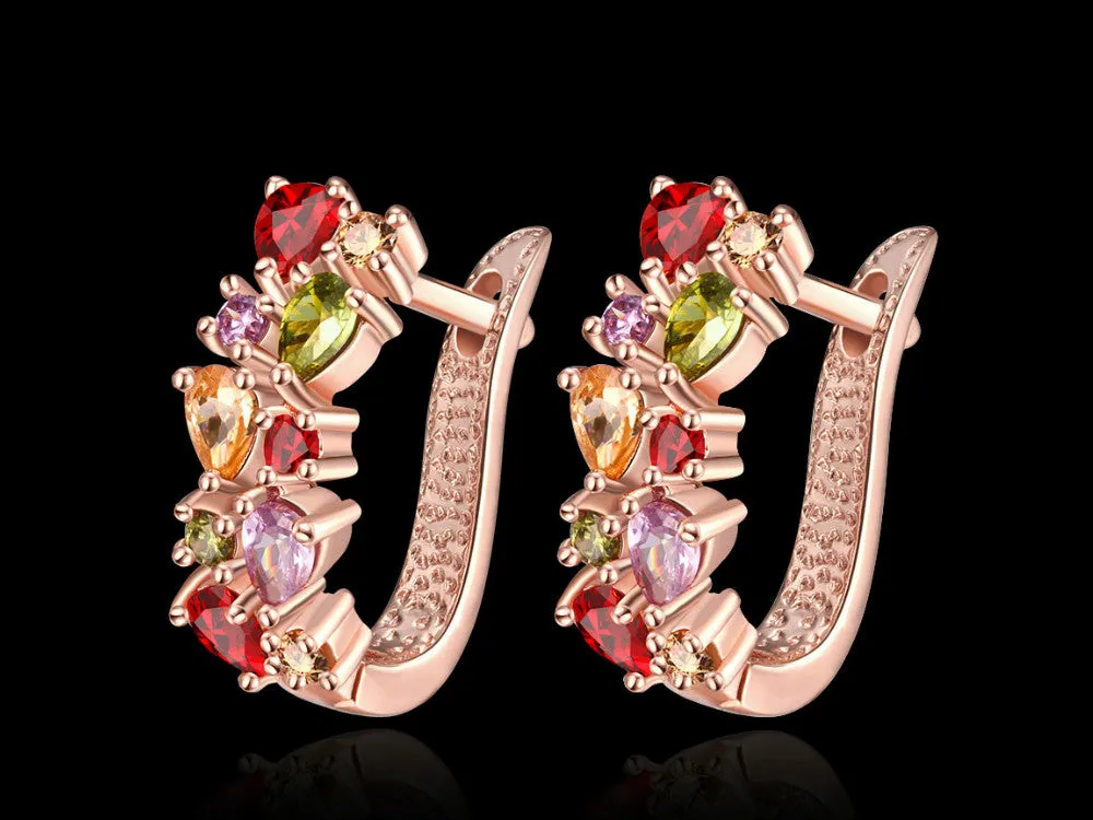 Clip earrings with multi color zircons plated with rose gold