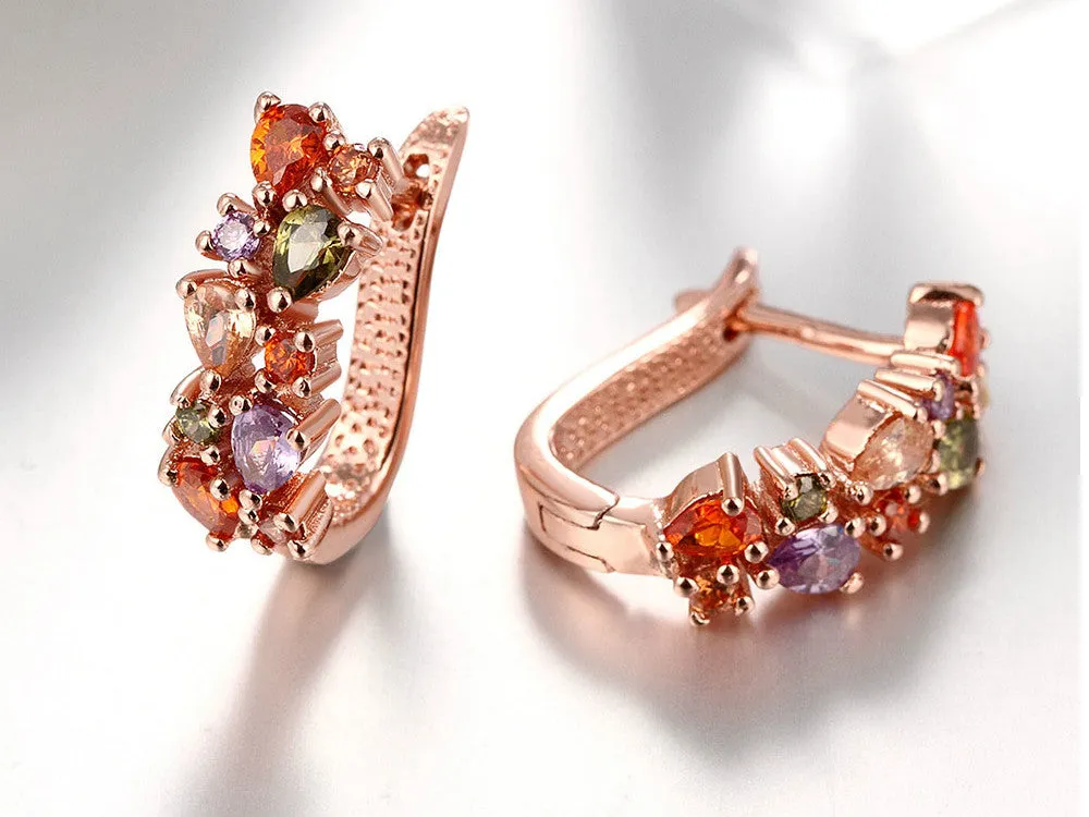 Clip earrings with multi color zircons plated with rose gold