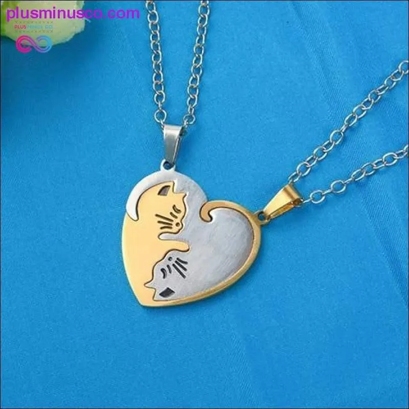 Couple heart necklace Cute Cartoon cat Pendant Necklace