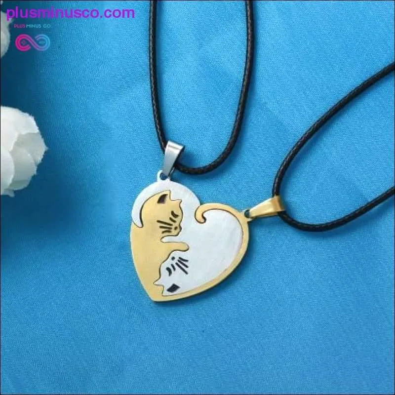 Couple heart necklace Cute Cartoon cat Pendant Necklace