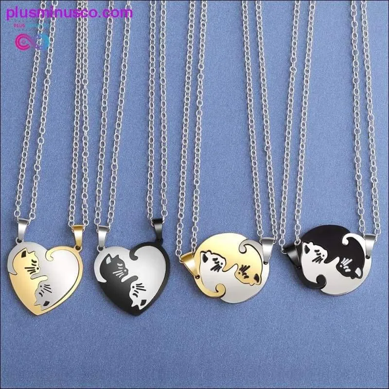 Couple heart necklace Cute Cartoon cat Pendant Necklace