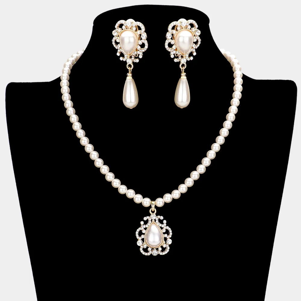Cream Teardrop Pearl and Round Pearl Necklace Set with Clip on Earrings on Gold | Bridal Jewelry| 602202