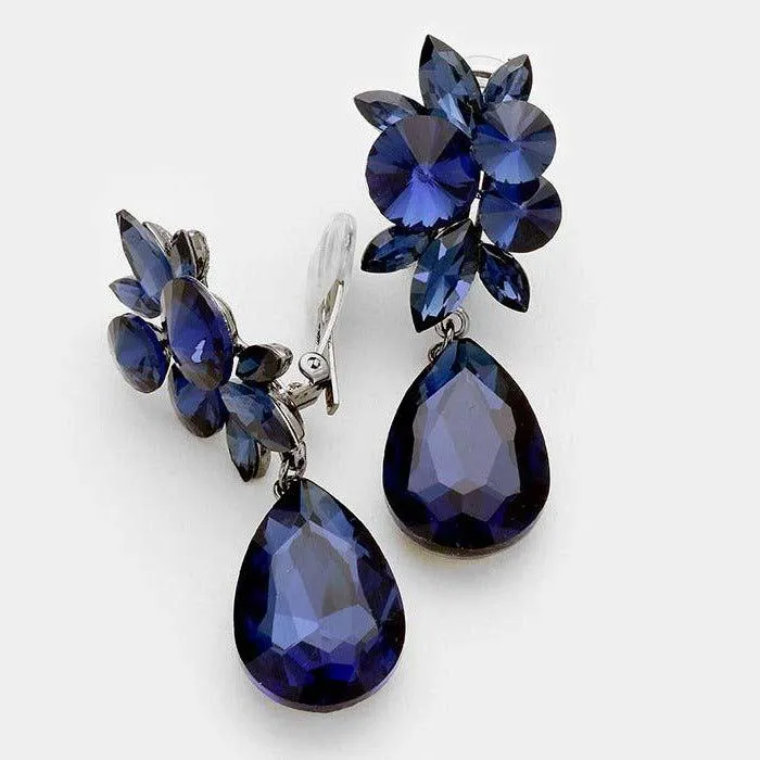 Crystal Montana Blue Teardrop Silver Clip On Earrings