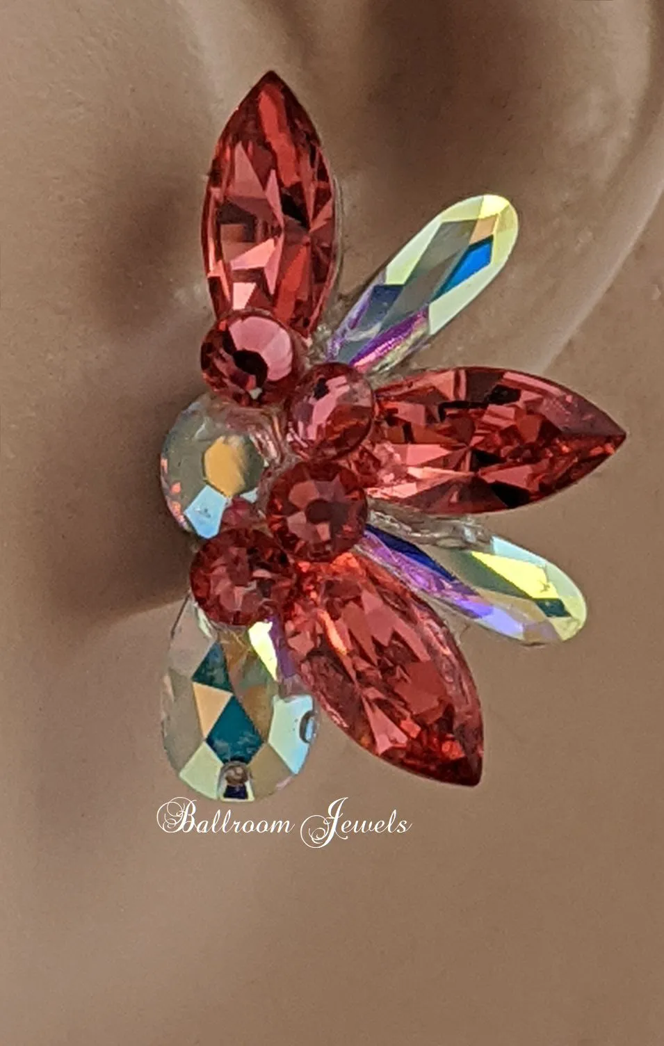 Crystal Spray Ballroom Earrings - Padparadscha Peach and AB