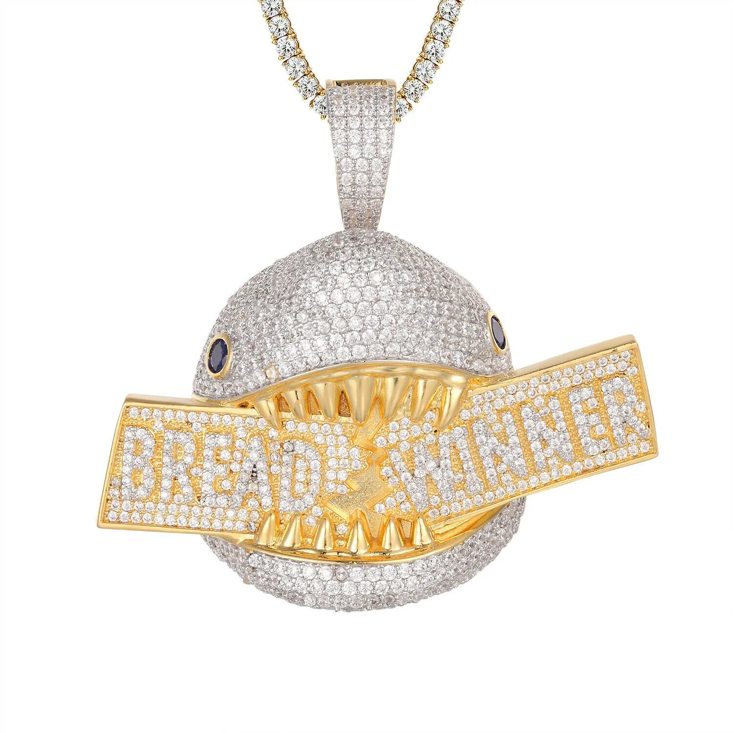 Custom Bread Winner Hungry Shark Simulated Diamond  Pendant With Chain