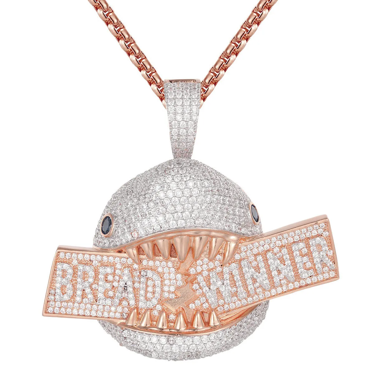 Custom Bread Winner Hungry Shark Simulated Diamond  Pendant With Chain
